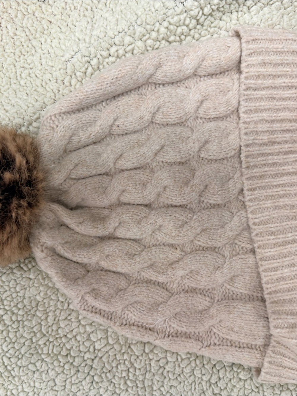 Rachel Zoe Cable Knit Beanie with Faux Fur Pom - Light Beige